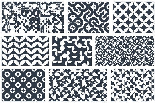 Abstract vector geometric seamless patterns set, black and white simple geometric elements repeat tiles, wallpapers or website backgrounds, design backgrounds in retro style.
