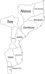 White vector map of the Republic of Mozambique with black borders and names of its provinces