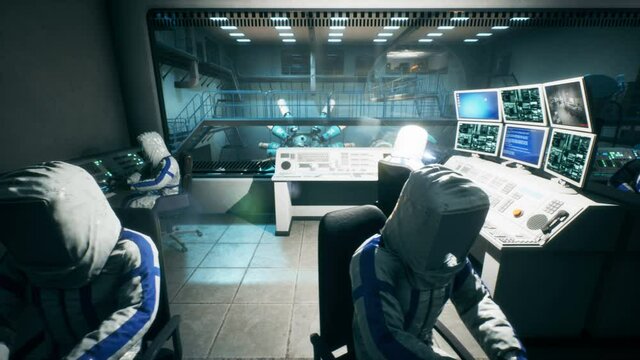 Futuristic scientists program equipment to launch a time machine or a sci-fi fusion reactor. The animation is for fantastic, the futuristic or scientific backgrounds. Physicist scientist at work.