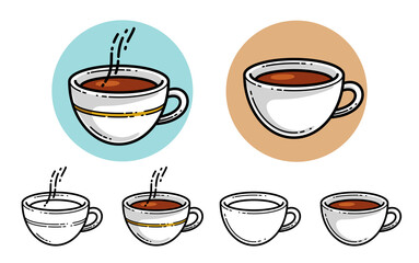 Cup of coffee vector illustration or icon isolated on white, hot beverage at morning, coffee shop, break in work during a day.