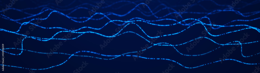 Aufkleber Abstract blue background of points. Music wave of cyber particles. Graph. Big data stream. 3d rendering