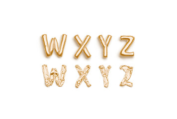 Inflated, deflated gold W X Y Z letters, balloon font