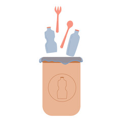 Zero waste, trash can with plastic bag isolated white background. Recycling of garbage, natural products, without plastic. Vector flat design. Vector illustration. Green planet and waste recycling