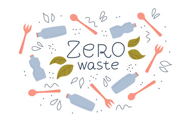 Zero west logo, lettering, plastic bottles, spoons, forks are isolated on white background. Vector illustration in a flat linear style. Recycling and saving the planet, zero waste