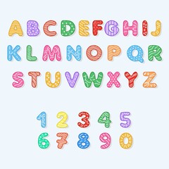 English alphabet for kids, hand drawn colorful letters and numbers with shadows. Vector illustration