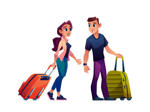 Happy young couple traveling with suitcase bags isolated cartoon characters. Vector man and woman with luggage, travel tourists going on vacation holiday rest. Adult people passengers go to journey