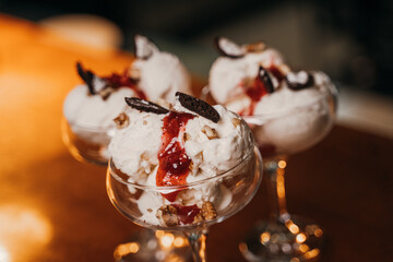 balls of ice cream in a beautiful glass dish