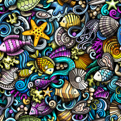 Cartoon doodles Sea Life seamless pattern.