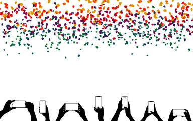 Vector illustration. Falling colorful confetti. Party and birthday confetti vector background. Hands taking picture.