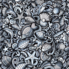 Cartoon doodles Sea Life seamless pattern.