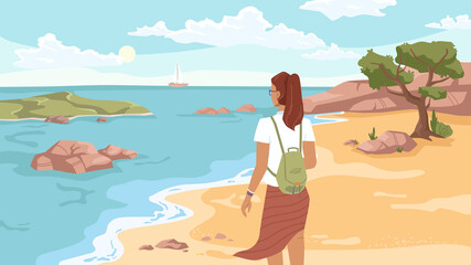 Summer beach, sandy coastline, tree and woman back view looking on sea or ocean, flat carton style. Seashore landscape, rocky cliff, ship yacht on horizon. Girl on paradise island, summertime vacation