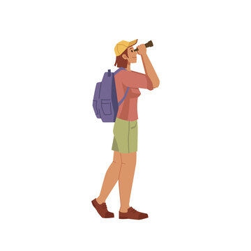 Traveler looks through binoculars isolated flat cartoon character. Vector man woman looking in field glasses, tourist watching in telescopes, discovering surrounding world, vacation on nature outdoors