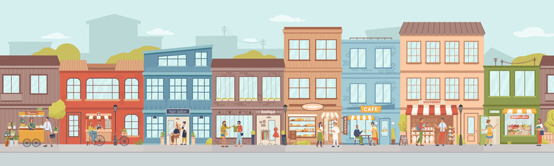 City small buildings facade exterior design. Vector urban street with local markets, flower florist shop, bakery and barbershop, clothing boutiques and cafes, restaurants and cafeterias, people © Sensvector