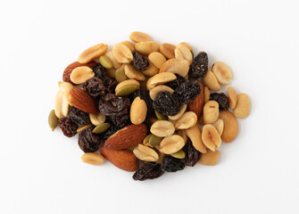 Portion of nuts and dried fruit on white background top view.