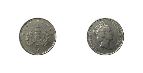 Five Pence coin with the Badge of Scotland, 1991 obverse and reverse.