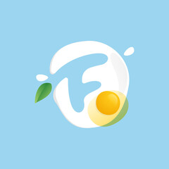 Letter F logo on a Fried Egg with green leaf and splashes.