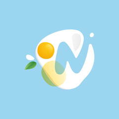 Letter N logo on a Fried Egg with green leaf and splashes.