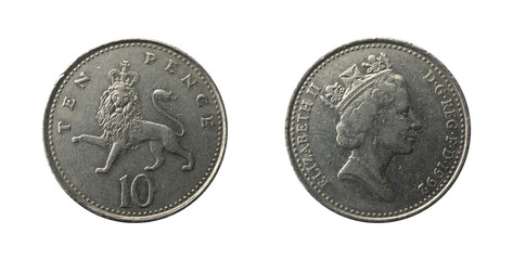 10 pence coin of 1992 with a crowned lion, obverse and reverse.