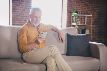 Portrait of positive handsome man sit on sofa hold look phone write blog post chatting free time weekend indoors