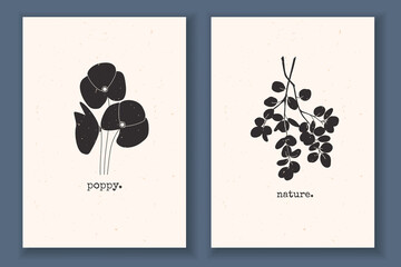 Set of minimal posters with plants, flowers, poppy, branch, leaves, and textured background. Monochrome vector illustration with abstract nature elements. Great design for your logo, print poster.