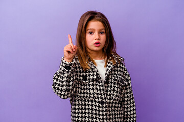 Little caucasian girl isolated on purple background Little caucasian girl isolated on purple background having some great idea, concept of creativity.