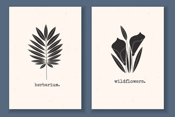 Set of minimal posters with plants, wildflowers, leaves, and textured background. Monochrome vector illustration with abstract nature elements. Great design for your logo, postcards, and print.