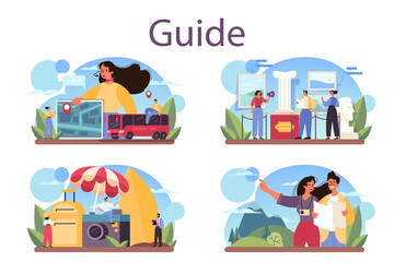 Tour vacation guide concept set. Tourists listening to the history