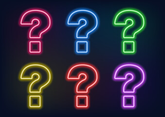 Set of neon question marks in different colors. Question mark. Neon sign.