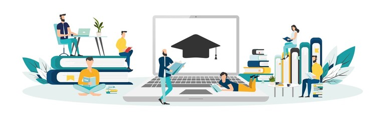 Online education vector illustration. Concept of online courses. e-learning. digital library. e-book. online exam. examination and testing in university. college. Flat illustration for UI, banner. - obrazy, fototapety, plakaty