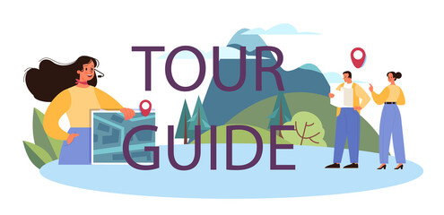 Tour guide typographic header. Tourists listening to the history
