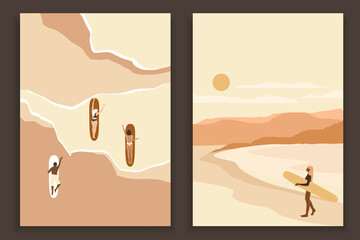 Abstract coloful landscape poster collection. Set of contemporary art beach print templates. Nature backgrounds for your social media. Sun and moon, sea, mountains, ocean, palms, surfers.