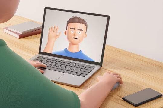 Cartoon Character Man Making Video Conference Or Watch Education Video With Laptop. Over Shoulder View.