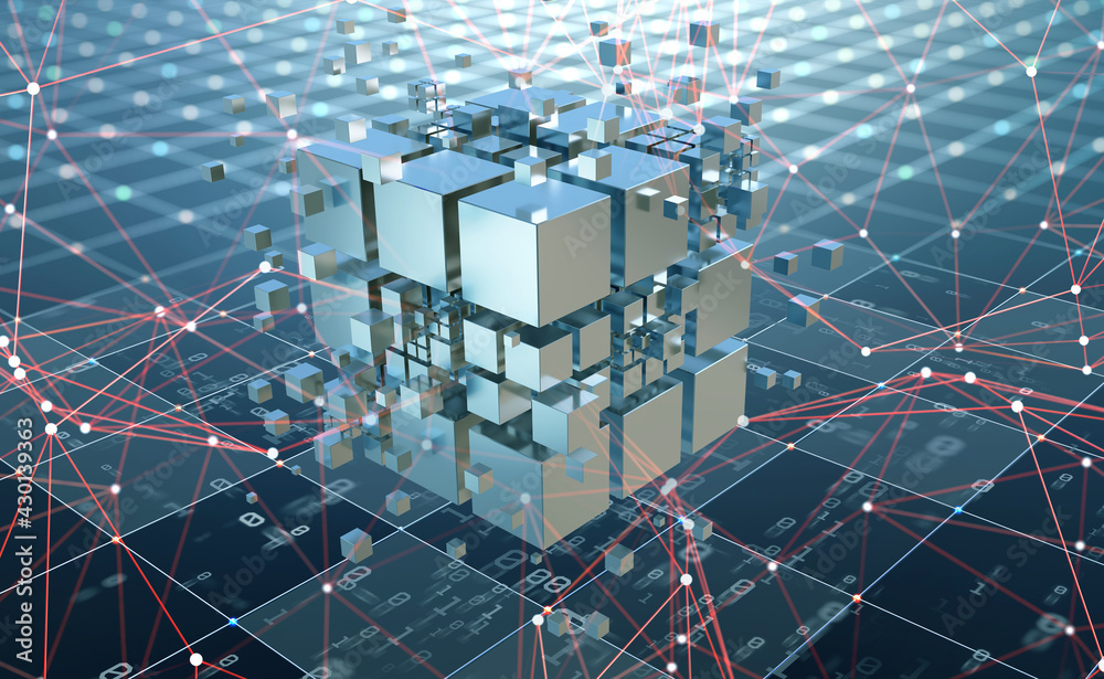Poster Hi-tech Square blocks are collected in a cubic array against the background of information fields. 3d illustration of blockchain abstract concept. Artificial intelligence learnability