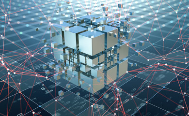 Hi-tech Square blocks are collected in a cubic array against the background of information fields. 3d illustration of blockchain abstract concept. Artificial intelligence learnability