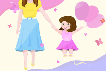 Mother and daughter.Family.White background.Concept. Dear People.Isolated.Cartoon.Vector. Child and Woman.Children.Happiness. Balloons.Butterflies