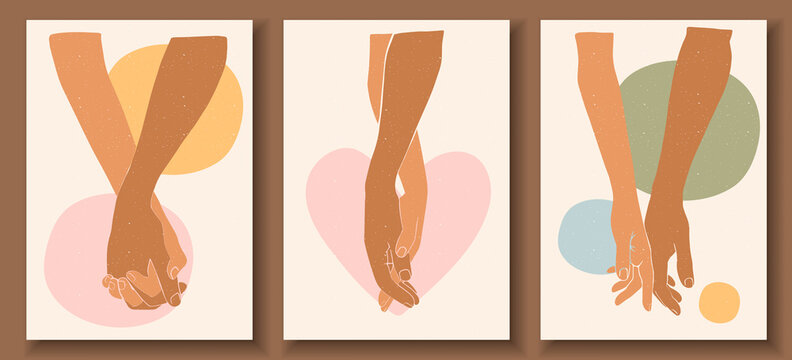 Abstract posters with hands on abstract background. Man holding woman's hand in pastel colors. Collection of contemporary art posters.