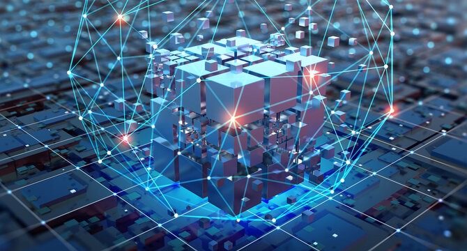 Blockchain in global digital network, quantum computer, nanotechnological circuit, high-tech processor and cybertechnology. 3D illustration of nanostructured data blocks in a secure server