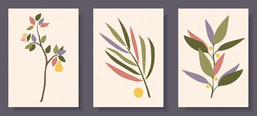 Collection of contemporary art posters in pastel colors. Abstract elements, leaves and fruits, branches, pears. Great design for social media, postcards, print.