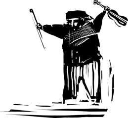 Woodcut expressionist style image of a gypsy man with a violin