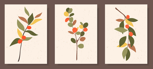 Collection of contemporary art posters in pastel colors. Abstract elements, leaves and fruits, branches, tangerines. Great design for social media, postcards, print.