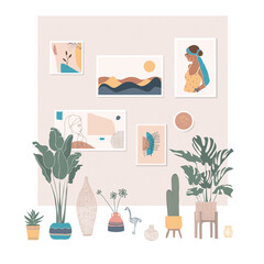 Vector room interior indoor plants and paintings on the wall.Flat design.