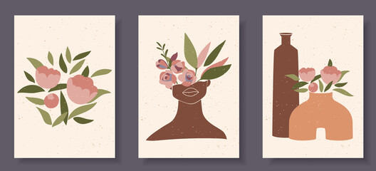 Set of abstract female shapes and silhouettes on textured background. Abstract women face lips, vases in pastel colours. Collection of contemporary art posters. Flowers and leaves compositions.