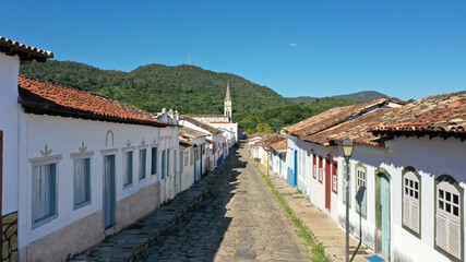 Panoramic view of the historical city of Cidade de Goias with cobblestone streets and colorful...