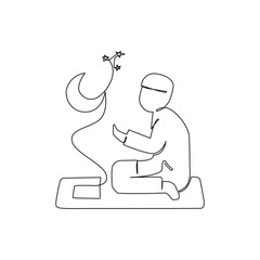 A Muslim man can use a continuous line to pray and raise his hand for Ramadan and related blessings. Vector illustration.