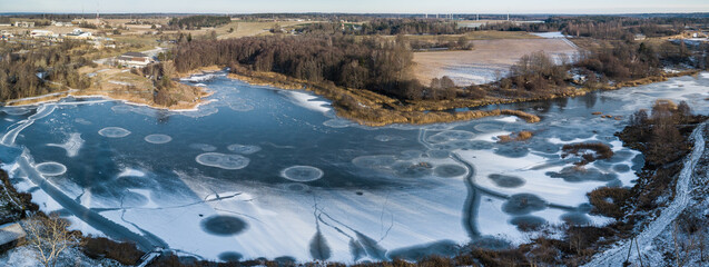 Aerial view of Alsunga village in winter, Latvia.