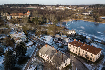 Aerial view of Alsunga village in winter, Latvia.
