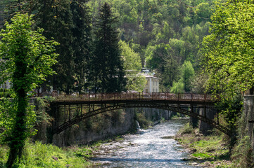 Fototapeta na wymiar Old wrought iron bridge over a mountain river. A beautiful landscape in the first days of spring.