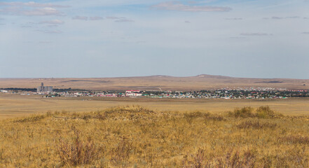 Fototapeta premium The view from the height of the village of Taskala, WKO, Kazakhstan, the village of Taskala (Tasqala, Kamenka), mountain Ichka