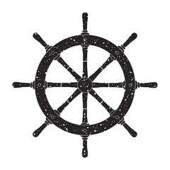 Old naval steering wheel vector icon isolated on white background. Aged black and white texture.