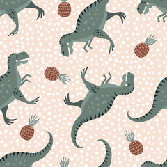 Seamless vector pattern with cute green dinosaurs and pineapples. Creative animal texture. Great for baby fabrics, textiles and designs